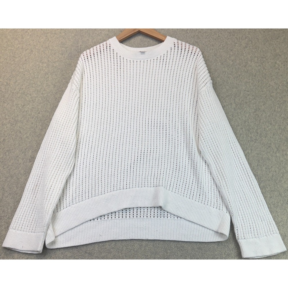 LOFT Womens Open-Knit Pullover Sweater White Lightweight Relaxed Crewneck L
